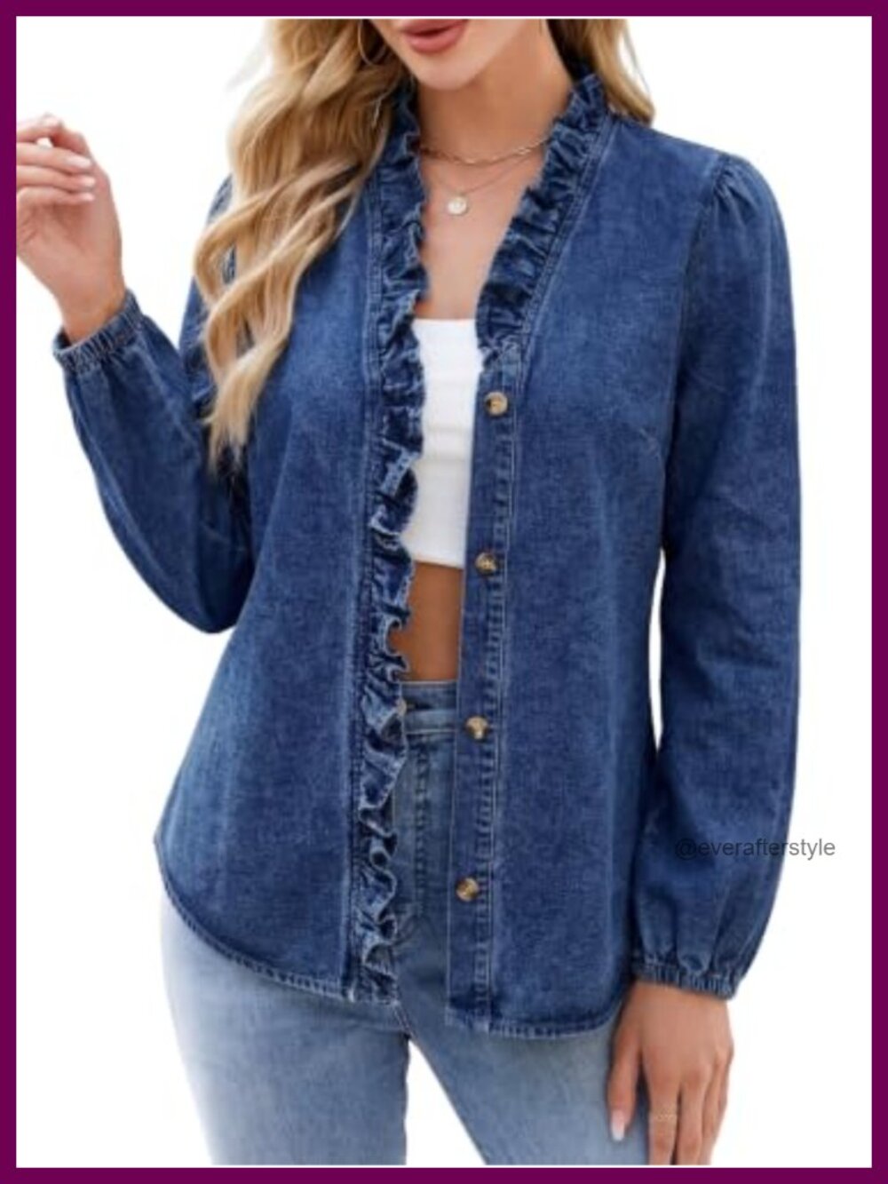 Women's Ruffle V-Neck Button Down Denim Jacket Puff Sleeve Casual Top